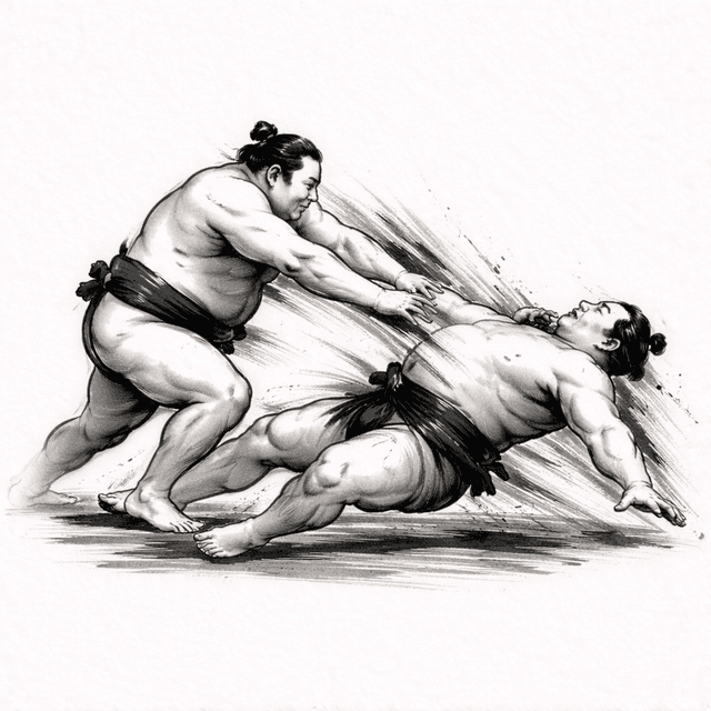 Illustration of tsukitaoshi (突き倒し)